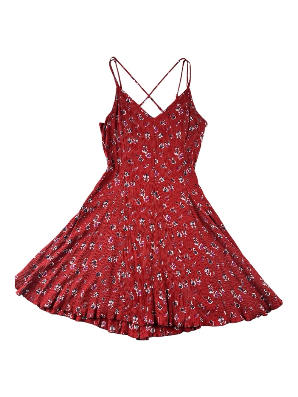 American Eagle Ditsy Floral Ribbed Mini Dress 10 Criss Cross Back Fit Flare - Picture 2 of 9